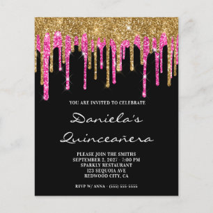 Gold Hot Pink Glitzer Tropfen Quinceañera Einladun