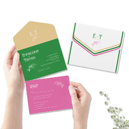 Gold Hot Pink und Green Simple Modern Wedding All In One Einladung