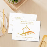 Gold House Logo für Real Anwesen Company Postkarte<br><div class="desc">Diese schicke,  echte Anwesen-Postkarte ist nach Ihren Wünschen mit dem Namen Ihrer Immobilienfirma und Agenten gefertigt. Diese eleganten Goldbörsen-Postkarten verfügen über ein hübsches Haus mit einem Wettergleiter auf der Oberseite und schlanke Kurven unter dem Haus für eine berufliche Konferenz. Personalisieren Sie dieses moderne Business Marketing mit Ihren eigenen Informationen.</div>