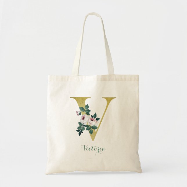 Gold Hütte Rose V Initial Tote Bag - Individuelle  Tragetasche (Vorne)