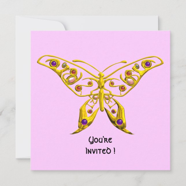 GOLD HYPER BUTTERFLY, GEMSTONES Pink Wedite Einlad Einladung (Vorderseite)