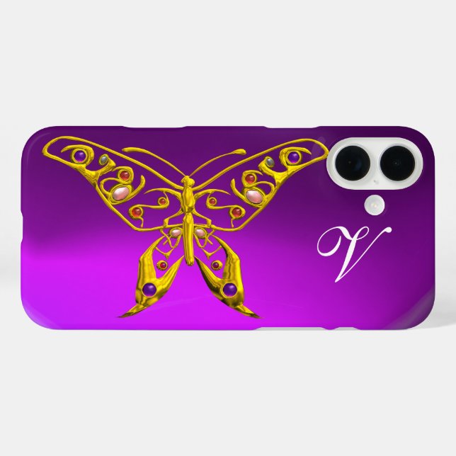 GOLD HYPER BUTTERFLY ,GEMSTONY, MONOGRAM Lila iPhone 16 Plus Hülle (Rückseite (Horizontal))