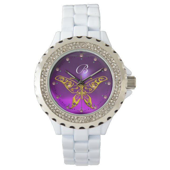 GOLD HYPER BUTTERFLY Lila Amethyst Monogram Armbanduhr (Vorderseite)