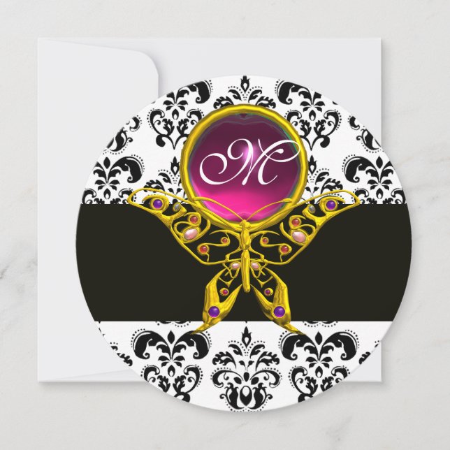 GOLD HYPER BUTTERFLY MONOGRAM, Schwarz-weißer Dama Einladung (Vorderseite)