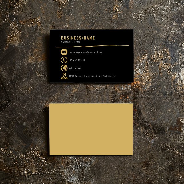 Gold Icons Visitenkarte (Gold icons business card on a bold black background.)