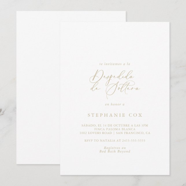 Gold Idyllic Calligraphy Spanisches Brautparty Einladung (Vorne/Hinten)