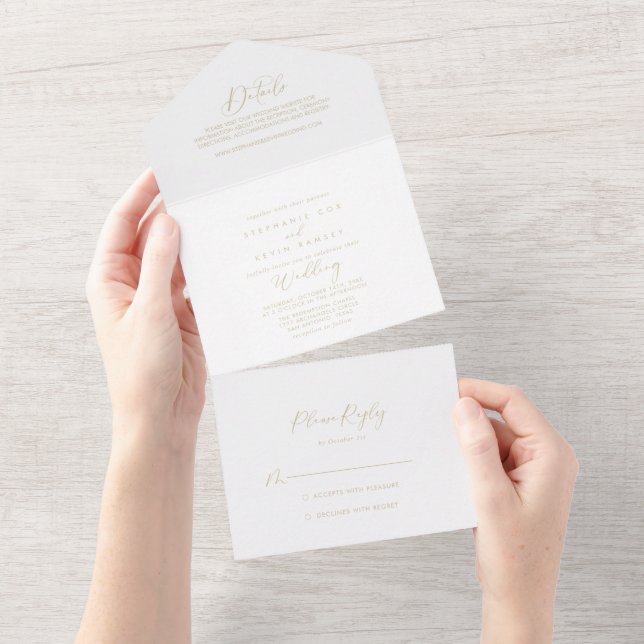 Gold Idyllic Stylish Calligraphy Wedding All In One Einladung (Abreißen)