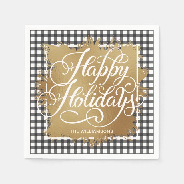 Gold Imitate Foil Happy Holidays Black Karo Serviette (Vorderseite)