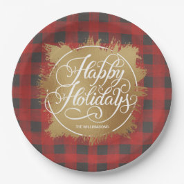 Gold Imitate Foil Happy Holidays Buffalo Kariert Pappteller