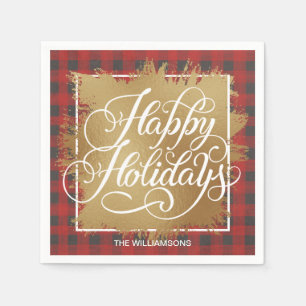 Gold Imitate Foil Happy Holidays Buffalo Kariert Serviette
