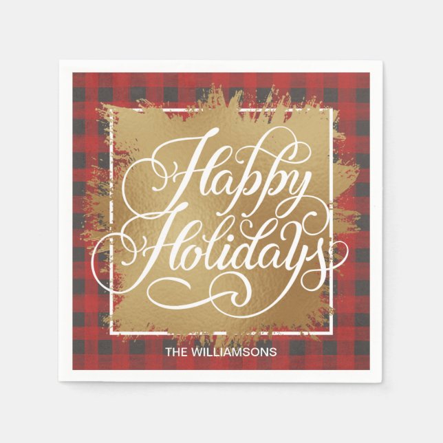 Gold Imitate Foil Happy Holidays Buffalo Kariert Serviette (Vorderseite)
