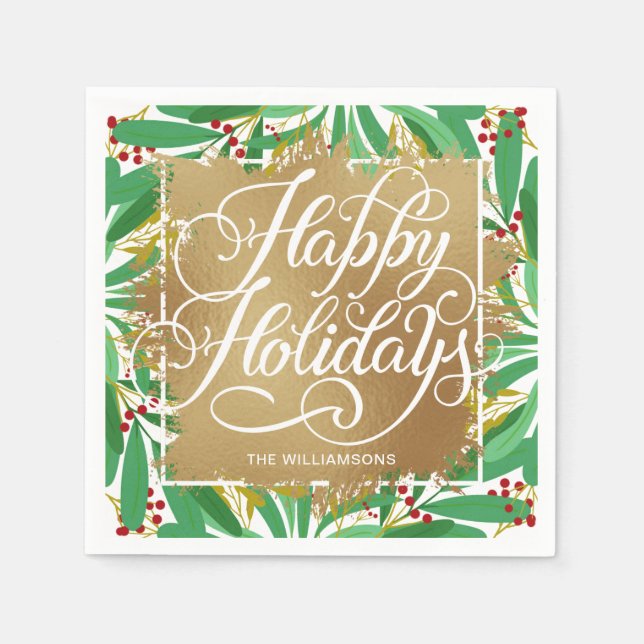 Gold Imitate Foil Happy Holidays Grüne Berries Serviette (Vorderseite)
