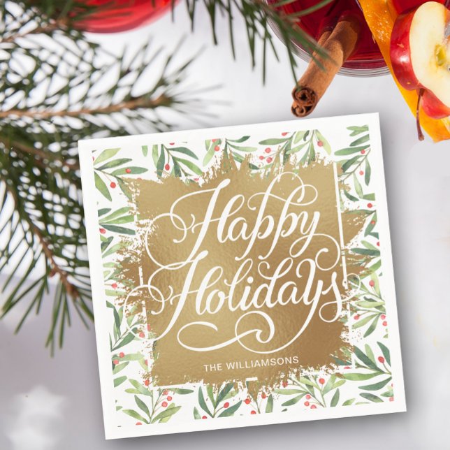 Gold Imitate Foil Happy Holidays Grüne Berries Serviette (Personalized Happy Holidays on gold faux foil with branch and berries border napkins)