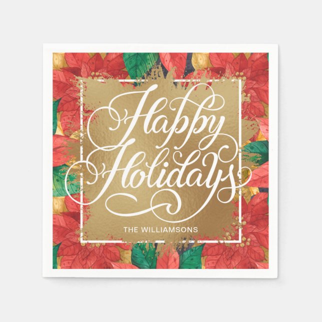Gold Imitate Foil Happy Holidays Poinsettia Serviette (Vorderseite)