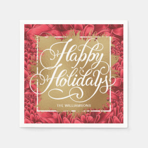 Gold Imitate Foil Happy Holidays Red Floral Serviette