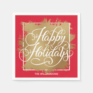 Gold Imitate Foil Happy Holidays Red Serviette