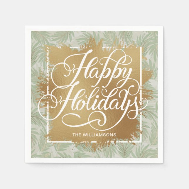 Gold Imitate Foil Happy Holidays Sage Palms Serviette (Vorderseite)