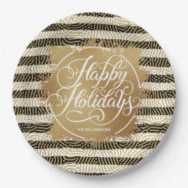 Gold Imitate Foil Happy Holidays Schwarz-weiße Str Pappteller