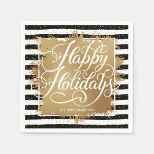 Gold Imitate Foil Happy Holidays Schwarz-weiße Str Serviette