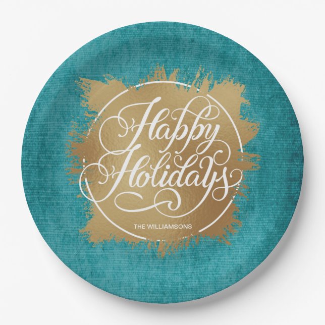 Gold Imitate Foil Happy Holidays Türkis Pappteller (Vorderseite)
