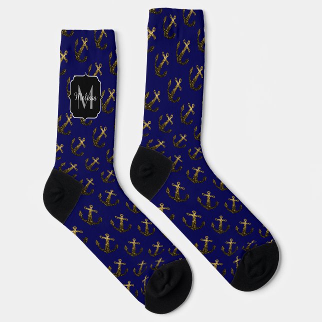 Gold Imitate funkeln Anchor Muster navyblue Monogr Socken (Rechts)