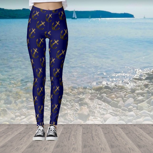 Gold Imitate funkeln Glitzer Anchor Muster blau Leggings (Stand out with our breathable sparkly anchor leggings in many different colors!)