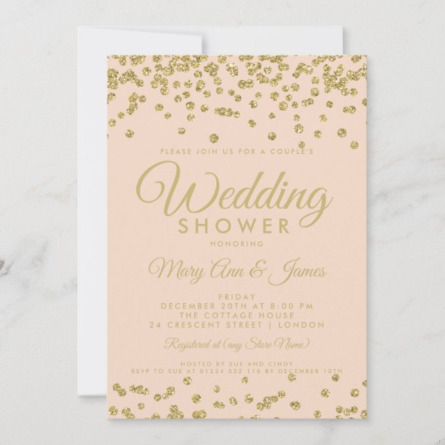 Gold Imitate Glitzer Confetti Couple Dusche Blush Einladung (Vorderseite)