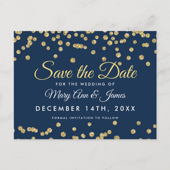 Gold Imitate Glitzer Confetti Navy Blue Save the D Ankündigungspostkarte (Vorderseite)