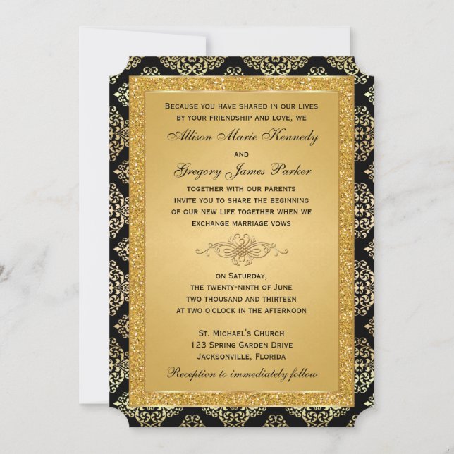 Gold IMITATE Glitzer, Damask Hochzeitseinladung Einladung (Vorderseite)