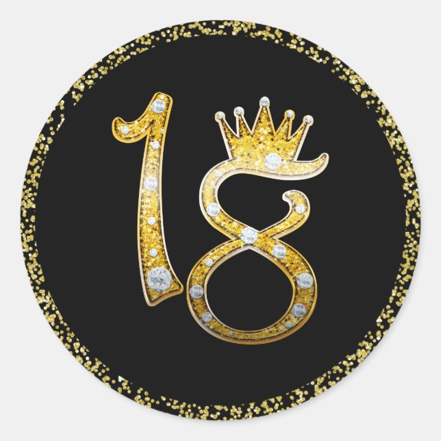 Gold Imitate Glitzer Glam Crown Diamond Bling 18.  Runder Aufkleber (Vorderseite)