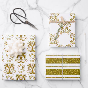 Gold Imitate Glitzer Streifen und Schnörkel Geschenkpapier Set