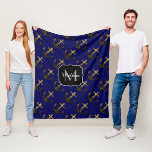 Gold Imitate Glitzern Anchor-Muster Marine Monogra Fleecedecke