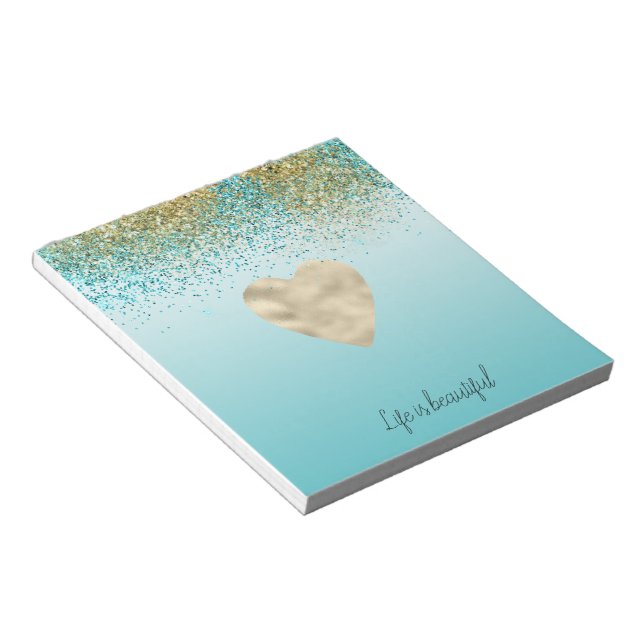 Gold Imitats Glitzer Aqua Ombre Herz Notizblock (angewinkelt)
