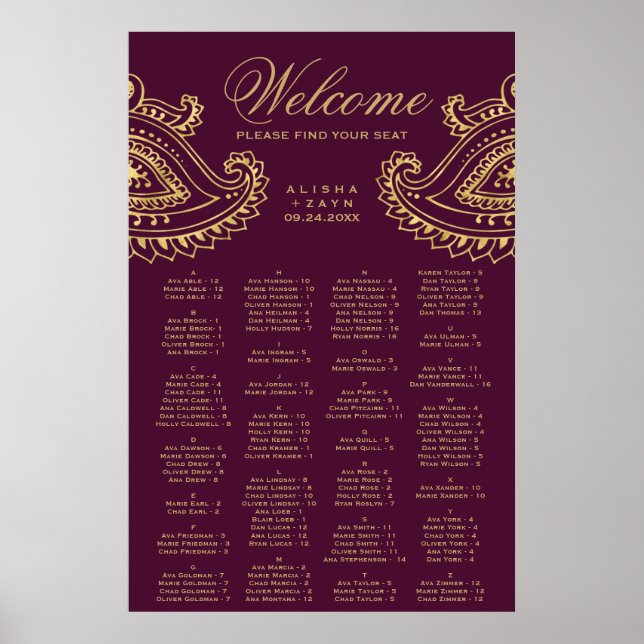 Gold Indian Paisley Alphabetical Seating Chart Poster (Vorne)