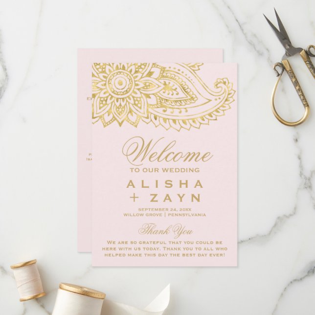 Gold Indian Paisley | Blush Pink Wedding Programme (Devant/Arrière en situation)
