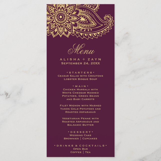 Gold Indian Paisley Dinner Menu Card Menükarte (Vorderseite)