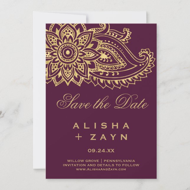 Gold Indian Paisley Save the Date Card (Vorderseite)