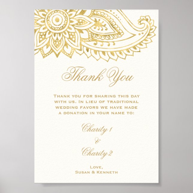 Gold Indian Paisley Wedding in Lieu of Favors Sign Poster (Vorne)