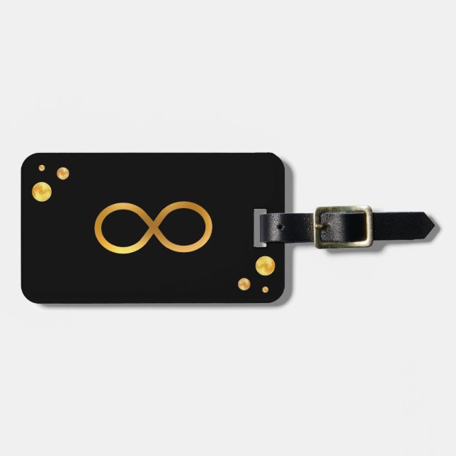 Gold Infinity Symbol & Golden Confetti auf schwarz Gepäckanhänger (Vorderseite horizontal)