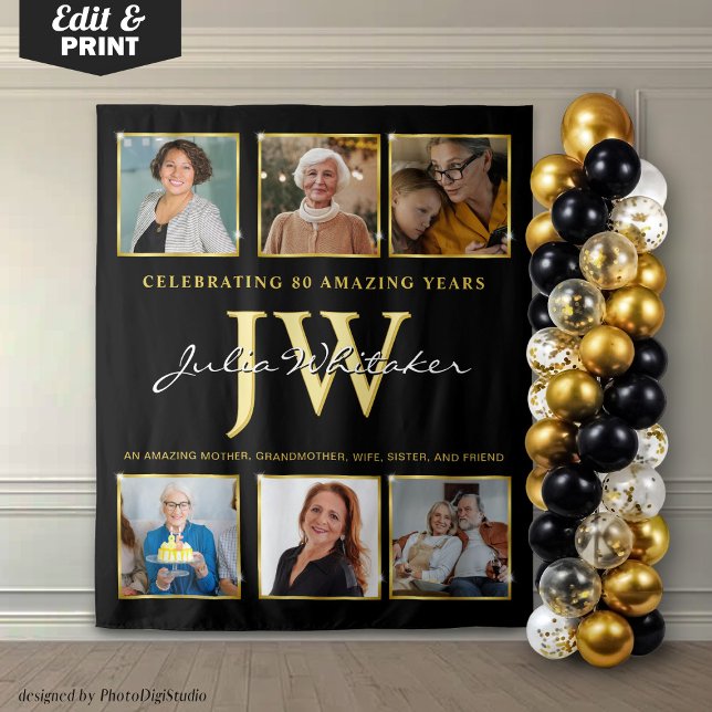 Gold Initials Custom Birthday Background mit Foto Wandteppich (Custom 80th Birthday Backdrop, Birthday Party Decor Gold, Personalized Initials and Photo Tapestry)