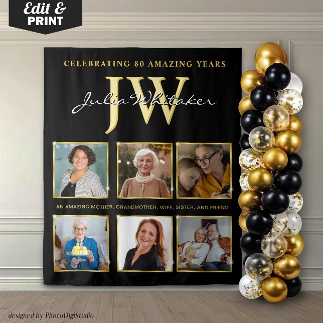 Gold Initials Custom Birthday Background mit Foto Wandteppich (Custom 80th Birthday Backdrop, Birthday Party Decor Gold, Personalized Initials and Photo Tapestry)