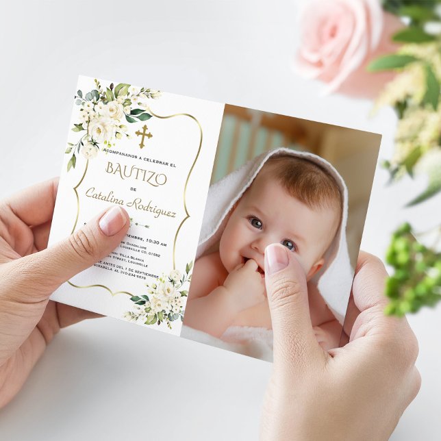 Gold Invitacion Bautizo Con Flores Foto Taufe Einladung (baptism bautizo baby photo invitation gold white flowers)