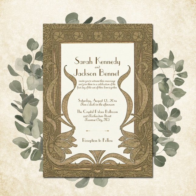 Gold Ivory Art Nouveau Elegante Hochzeit Einladung (This luxurious Art Nouveau design adds the perfect touch of class to these unique wedding invites.)