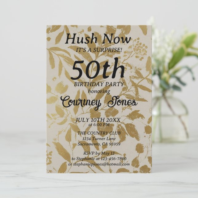 Gold Ivory Botanische 50. Geburtstag Einladung (Stehend Vorderseite)