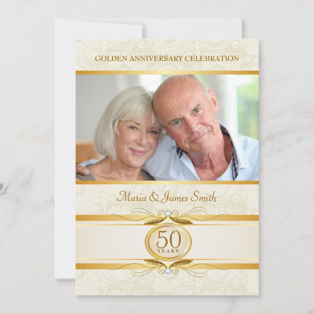 Gold & Ivory Damask Einladungen zum 50-jährigen Ju (Vorderseite)