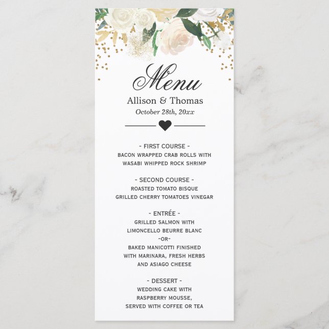 Gold Ivory Green Floral Wedding Card Menükarte (Vorderseite)