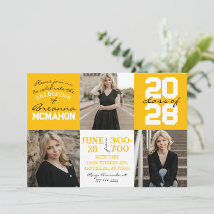 Gold Jaune & Blanc 3 Photo Graduation Invitation
