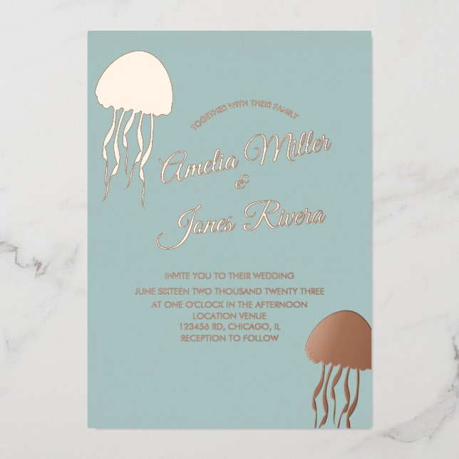 Gold JellyFish Blush Hochzeit gepresst Folieneinladung (Vorderseite)