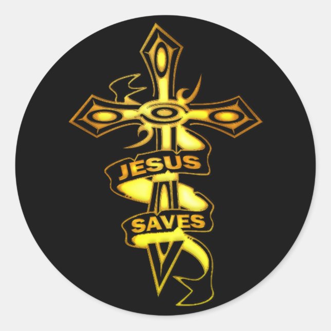 GOLD JESUS RETTE CROSS RUNDER AUFKLEBER (Vorderseite)