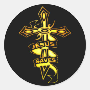 GOLD JESUS RETTET KREUZ RUNDER AUFKLEBER